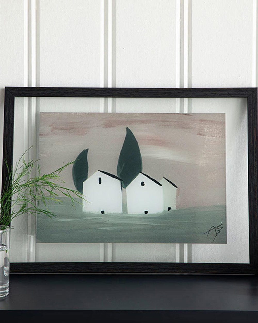 Houses With Tree Таблица Стъкло, Пушен, 37X27 Cm