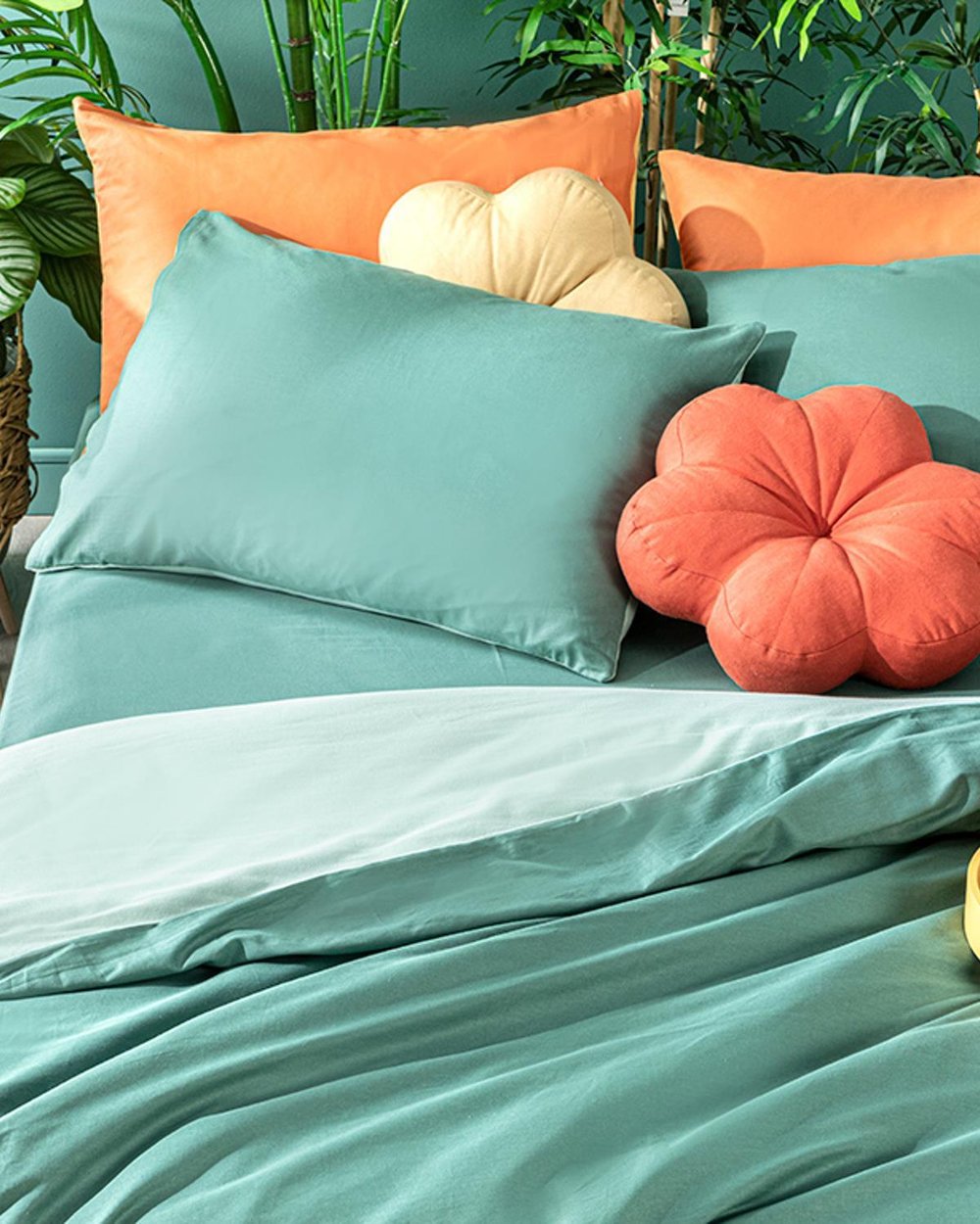 Plain Cotton Double Person Duvet Cover Set 200x220 cm Green-Light Green
