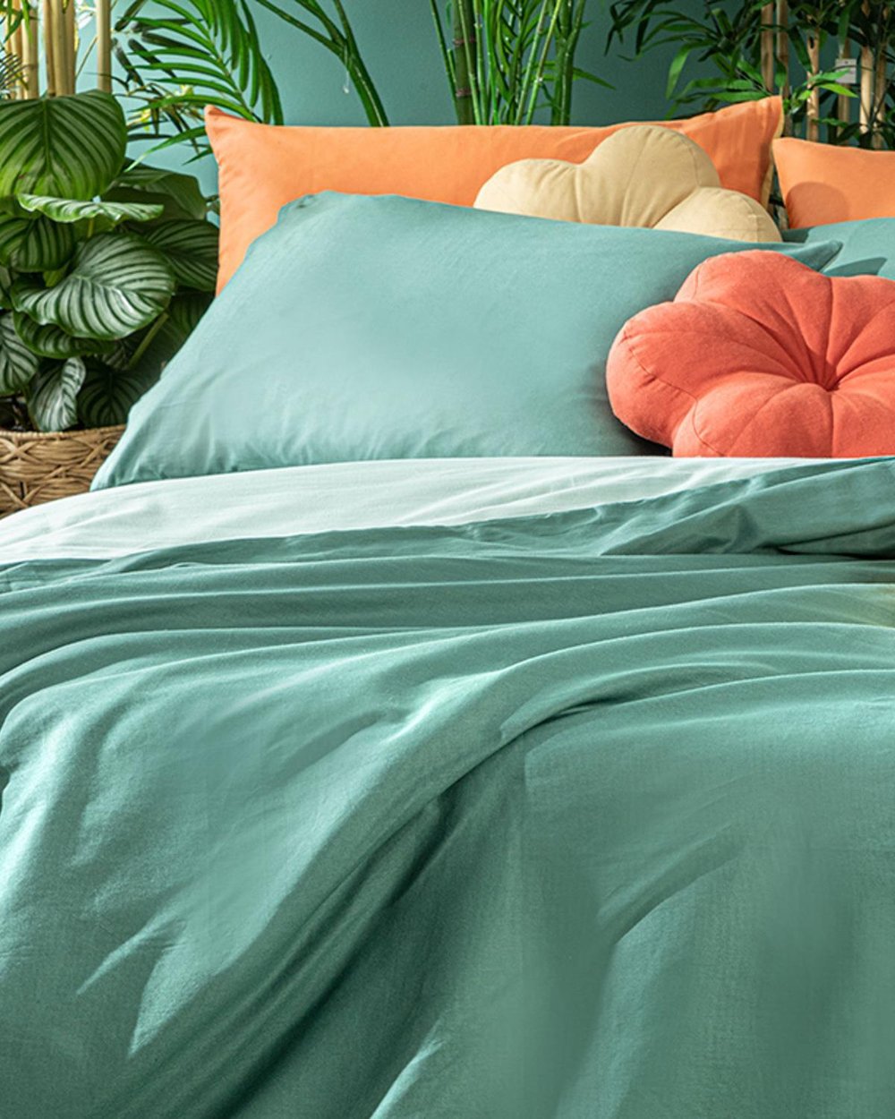 Plain Cotton Double Person Duvet Cover Set 200x220 cm Green-Light Green