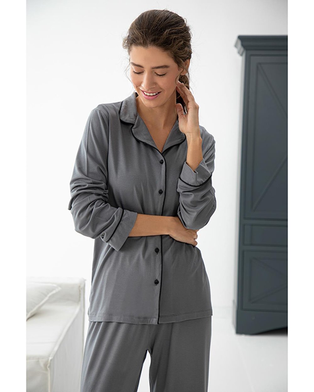 Plain Комплект Пижама Дамски, Вискоза, Антрацит, L