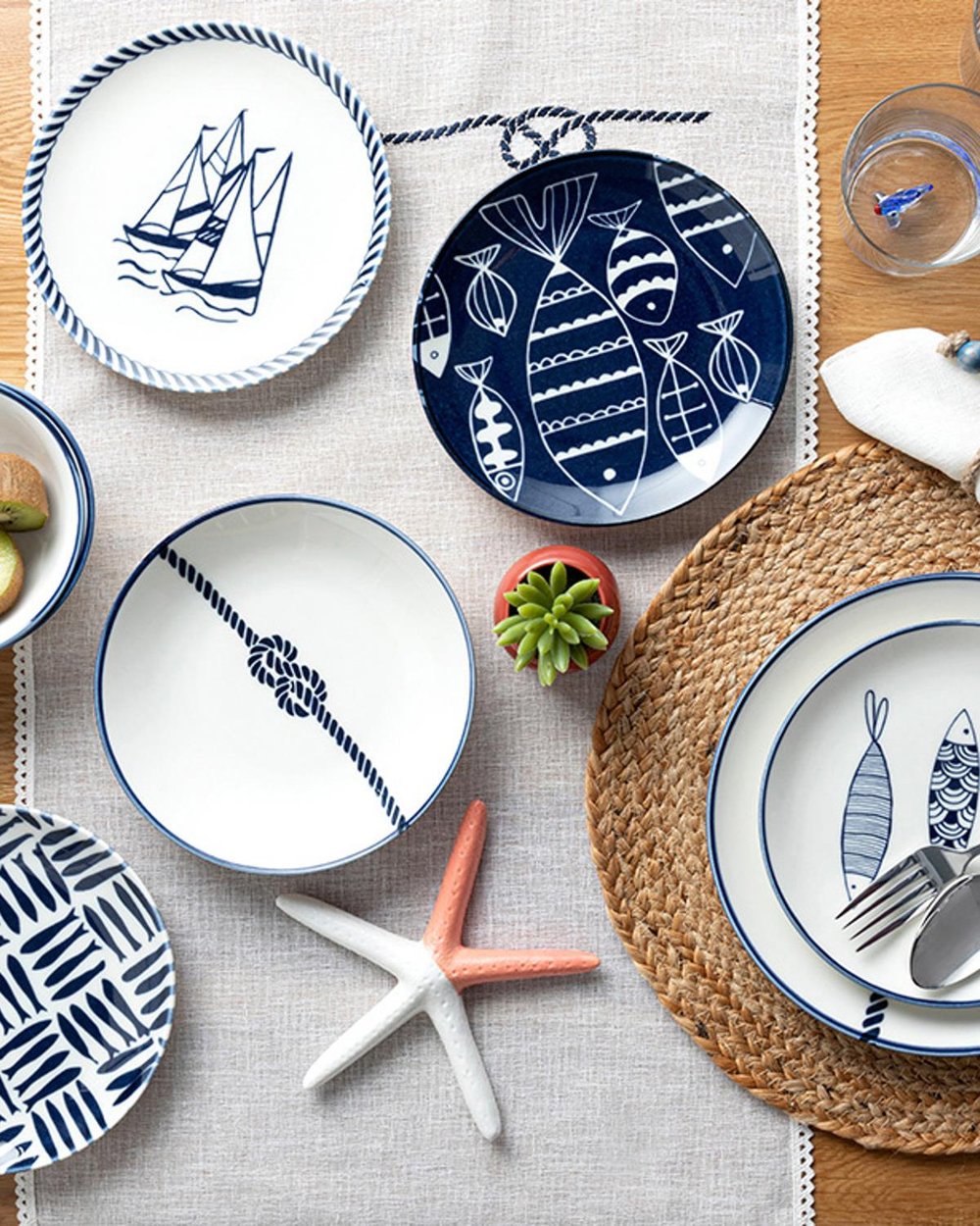 Simple Porcelain Bowl 14 cm White-NavyBlue