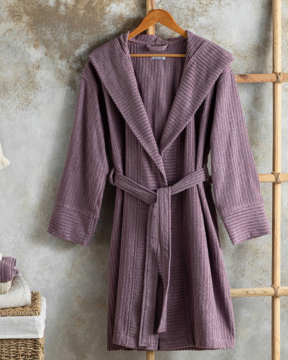 Stripe Cottony Twilled Bathrobe L-XL Purple