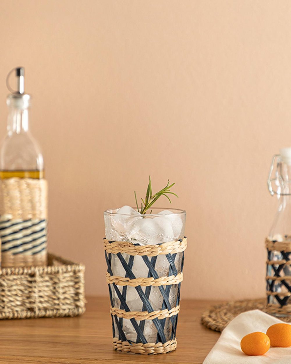 Stripe Wicker Чаша Ракита, Стъкло, Тъмно Синьо, 470 Ml