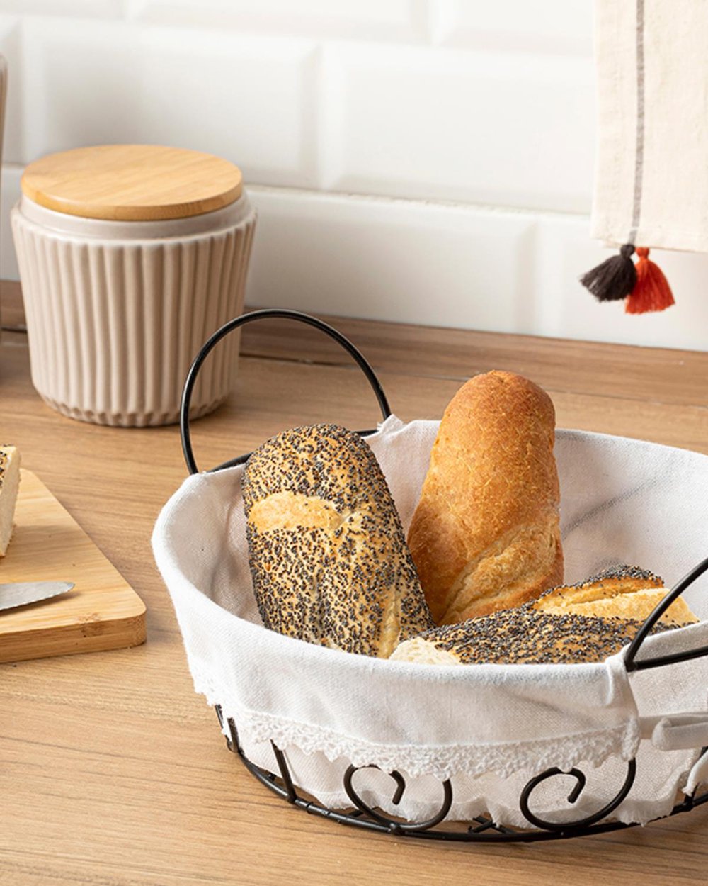 Twist Metal Round Bread Basket 30x8 cm Beige