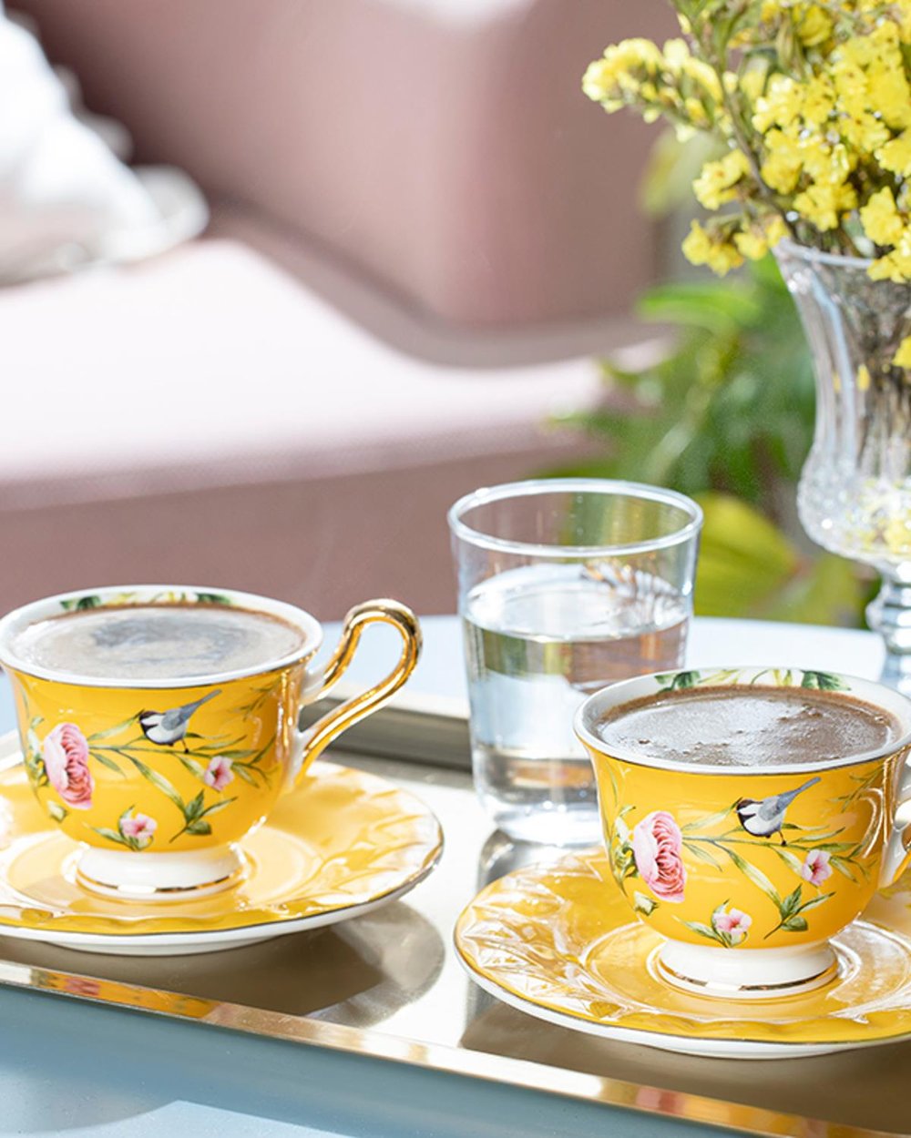 Vanilla New Bone China 4 Parça 2 Kişilik Coffee Cup Set 90 ml Yellow