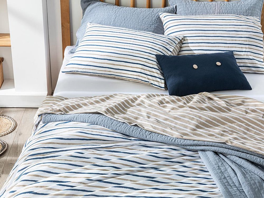 Wavy Lines СПАЛНО БЕЛЬО КОМПЛЕ Двоен човек Памучен 200x220 cm Бежово - Индиго