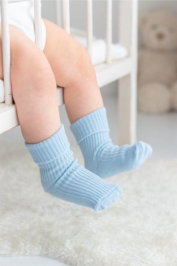 3lü Mavi Bebek Çocuk Katlamalı Kaydırmaz Çorap