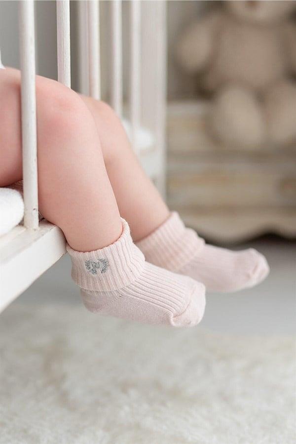 3lü Pembe Kız Bebek Çocuk Simli Nakışlı Çorap