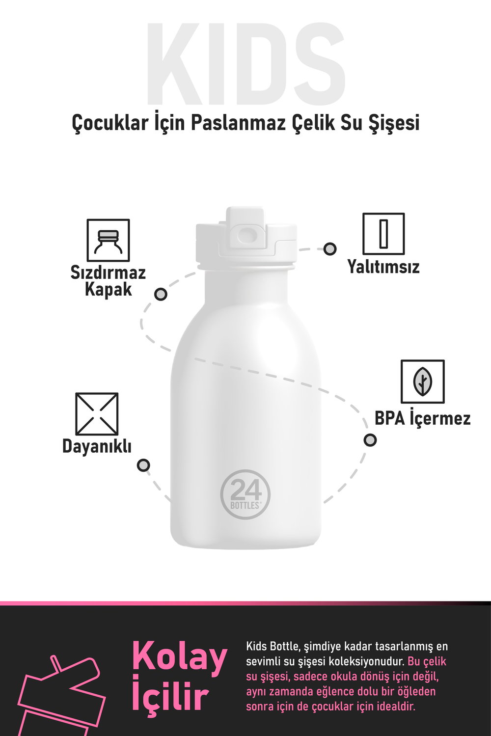 24Bottles Kids Bottle Paslanmaz Çelik Çocuk Su Matarası 500 ml, Happy Penguin
