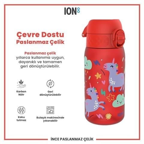ION8 - Çocuk Suluk - Kırmızı Unicorn - 350 Ml - Sızdırmaz - BPA İçermeyen