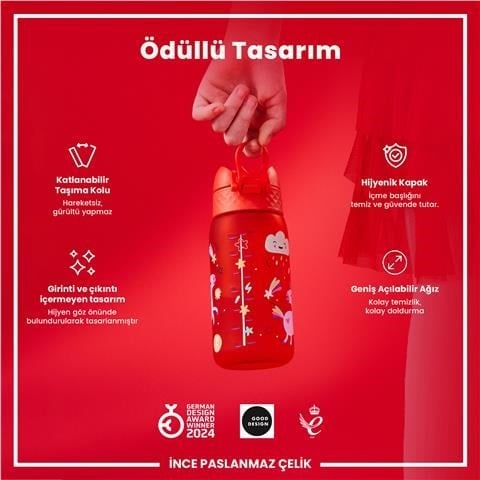 ION8 - Çocuk Suluk - Kırmızı Unicorn - 350 Ml - Sızdırmaz - BPA İçermeyen