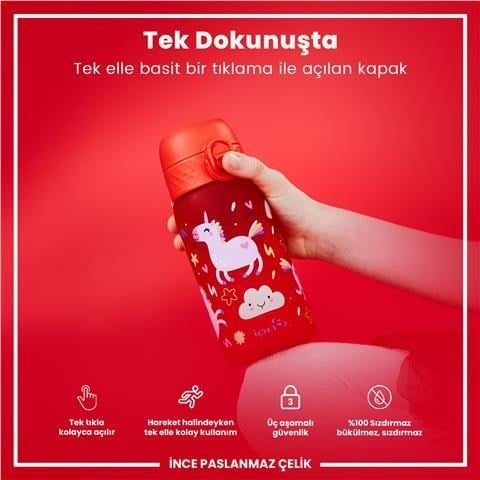ION8 - Çocuk Suluk - Kırmızı Unicorn - 350 Ml - Sızdırmaz - BPA İçermeyen