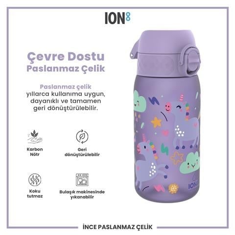 ION8 - Geri Dönüştürülmüş Plastik - Recyclon - Çocuk Suluk - Mor Unicorn - 350 Ml - Sızdırmaz - BPA İçermeyen