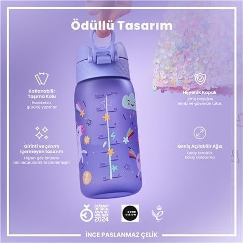 ION8 - Geri Dönüştürülmüş Plastik - Recyclon - Çocuk Suluk - Mor Unicorn - 350 Ml - Sızdırmaz - BPA İçermeyen