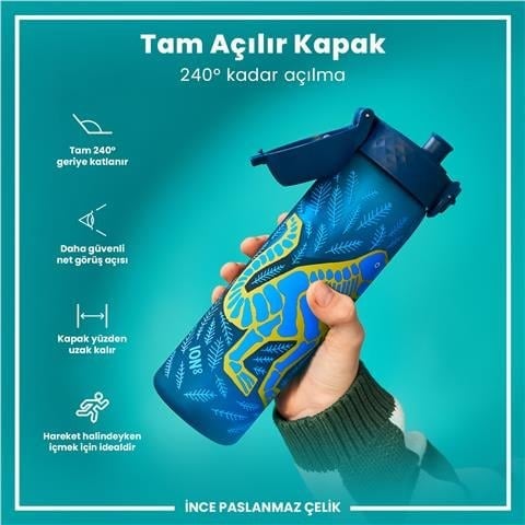 ION8 - Geri Dönüştürülmüş Plastik - Recyclon - İnce Suluk - Dinozorlar - 500 Ml - Sızdırmaz - BPA İçermeyen