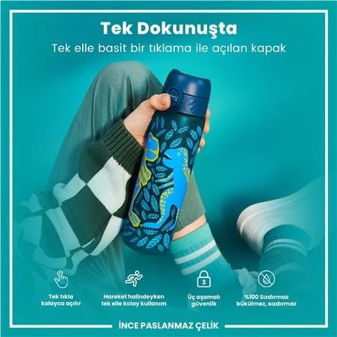 ION8 - Geri Dönüştürülmüş Plastik - Recyclon - İnce Suluk - Dinozorlar - 500 Ml - Sızdırmaz - BPA İçermeyen