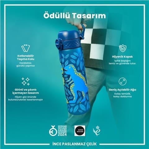 ION8 - Geri Dönüştürülmüş Plastik - Recyclon - İnce Suluk - Dinozorlar - 500 Ml - Sızdırmaz - BPA İçermeyen