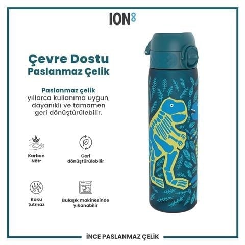 ION8 - Geri Dönüştürülmüş Plastik - Recyclon - İnce Suluk - Dinozorlar - 500 Ml - Sızdırmaz - BPA İçermeyen