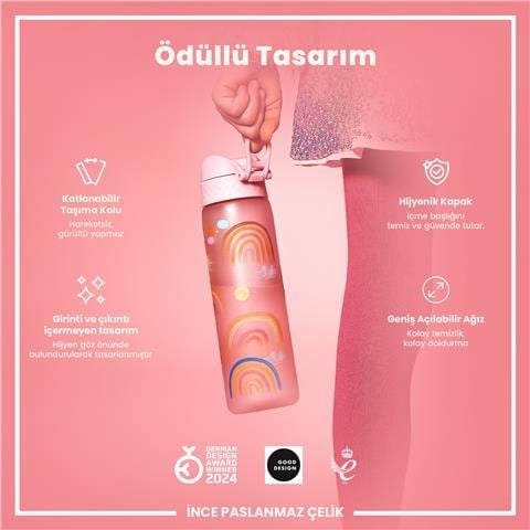 ION8 - Geri Dönüştürülmüş Plastik - Recyclon - İnce Suluk - Gökkuşağı - 500 Ml - Sızdırmaz - BPA İçermeyen