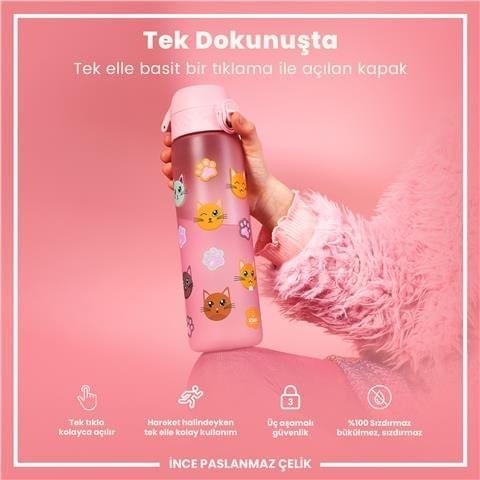 ION8 - Geri Dönüştürülmüş Plastik - Recyclon - İnce Suluk - Kediler - 500 Ml - Sızdırmaz - BPA İçermeyen