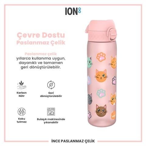 ION8 - Geri Dönüştürülmüş Plastik - Recyclon - İnce Suluk - Kediler - 500 Ml - Sızdırmaz - BPA İçermeyen