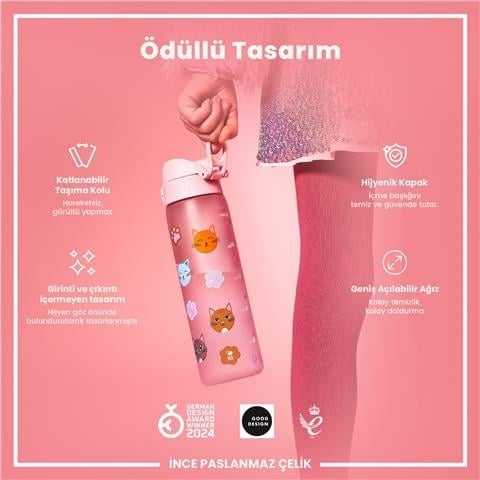 ION8 - Geri Dönüştürülmüş Plastik - Recyclon - İnce Suluk - Kediler - 500 Ml - Sızdırmaz - BPA İçermeyen