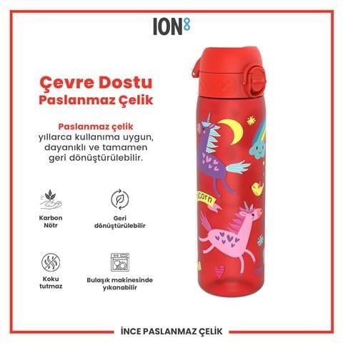 ION8 - İnce Suluk - Kırmızı Unicorn - 500 Ml - Sızdırmaz - BPA İçermeyen