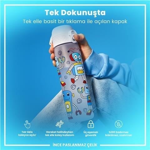 ION8 - Geri Dönüştürülmüş Plastik - Recyclon - İnce Suluk - Robotlar - 500 Ml - Sızdırmaz - BPA İçermeyen