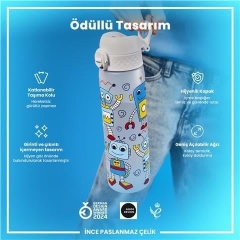 ION8 - Geri Dönüştürülmüş Plastik - Recyclon - İnce Suluk - Robotlar - 500 Ml - Sızdırmaz - BPA İçermeyen