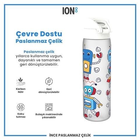 ION8 - Geri Dönüştürülmüş Plastik - Recyclon - İnce Suluk - Robotlar - 500 Ml - Sızdırmaz - BPA İçermeyen