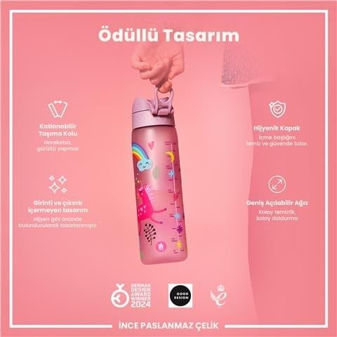 ION8 - Geri Dönüştürülmüş Plastik - Recyclon - İnce Suluk - Unicorn - 500 Ml - Sızdırmaz - BPA İçermeyen
