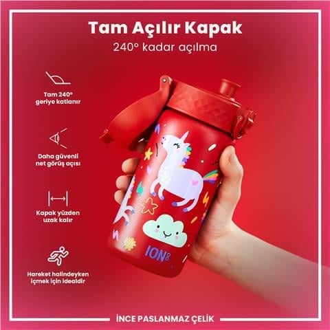 ION8 - Paslanmaz Çelik Çocuk Suluk - Kırmızı Unicorn - 400 Ml - Sızdırmaz