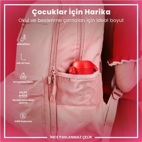 ION8 - Paslanmaz Çelik Çocuk Suluk - Kırmızı Unicorn - 400 Ml - Sızdırmaz