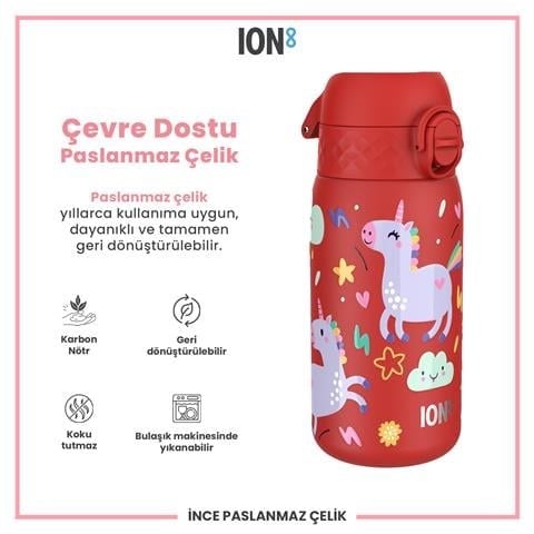 ION8 - Paslanmaz Çelik Çocuk Suluk - Kırmızı Unicorn - 400 Ml - Sızdırmaz
