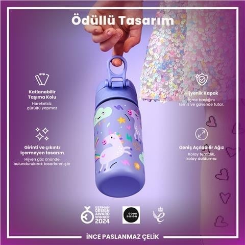 ION8 - Paslanmaz Çelik Çocuk Suluk - Mor Unicorn - 400 Ml - Sızdırmaz