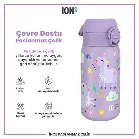 ION8 - Paslanmaz Çelik Çocuk Suluk - Mor Unicorn - 400 Ml - Sızdırmaz