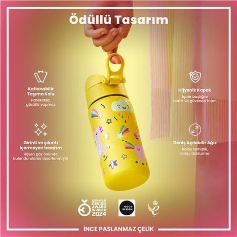 ION8 - Paslanmaz Çelik Çocuk Suluk - Sarı Unicorn - 400 Ml - Sızdırmaz