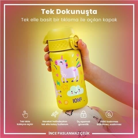 ION8 - Paslanmaz Çelik Çocuk Suluk - Sarı Unicorn - 400 Ml - Sızdırmaz