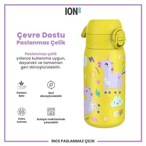 ION8 - Paslanmaz Çelik Çocuk Suluk - Sarı Unicorn - 400 Ml - Sızdırmaz