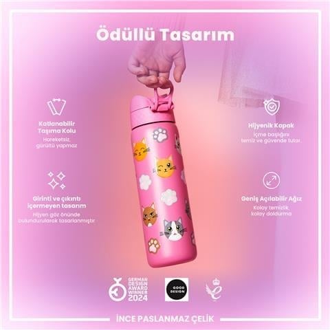 ION8 - Paslanmaz Çelik İnce Suluk - Kediler - 600 Ml - Sızdırmaz