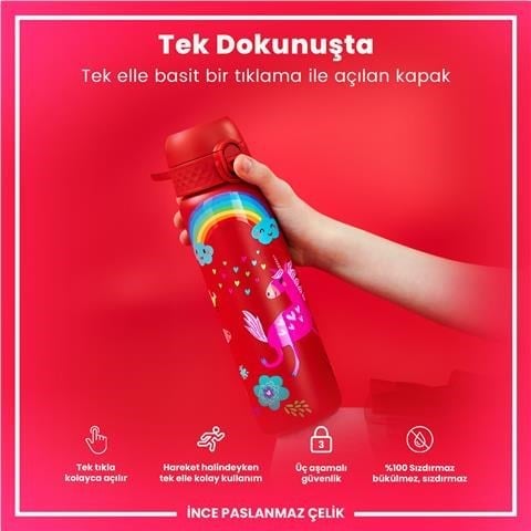 ION8 - Paslanmaz Çelik İnce Suluk - Kırmızı Unicorn - 600 Ml - Sızdırmaz