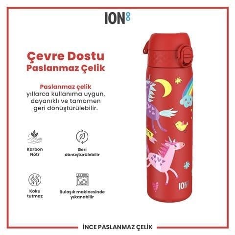 ION8 - Paslanmaz Çelik İnce Suluk - Kırmızı Unicorn - 600 Ml - Sızdırmaz