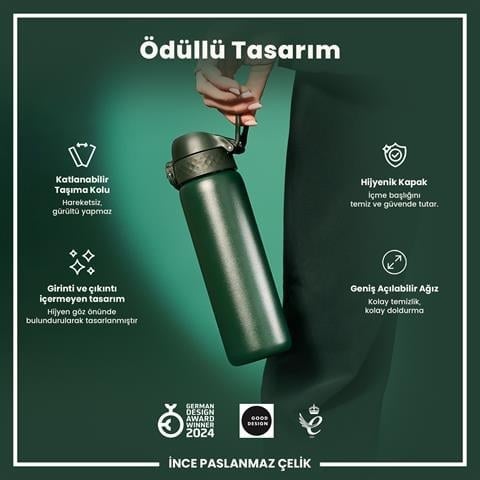 ION8 - Paslanmaz Çelik İnce Suluk - Koyu Yeşil - 600 Ml - Sızdırmaz