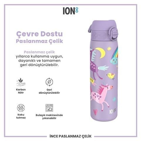 ION8 - Paslanmaz Çelik İnce Suluk - Mor Unicorn - 600 Ml - Sızdırmaz