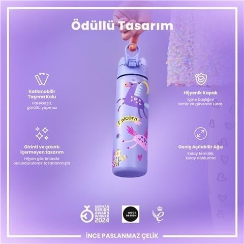 ION8 - Paslanmaz Çelik İnce Suluk - Mor Unicorn - 600 Ml - Sızdırmaz
