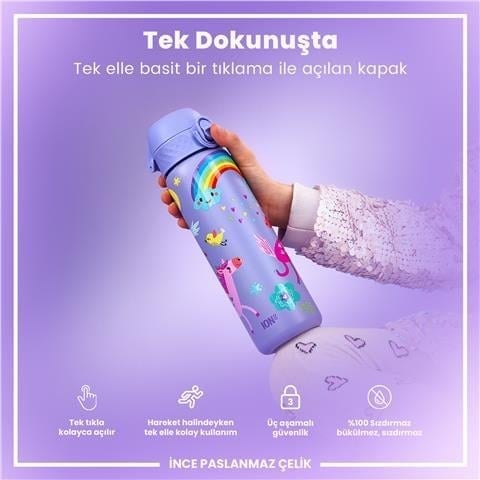 ION8 - Paslanmaz Çelik İnce Suluk - Mor Unicorn - 600 Ml - Sızdırmaz