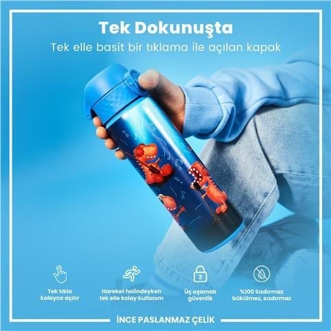 ION8 - Paslanmaz Çelik İnce Suluk - Şarkıcı Dinozor - 600 Ml - Sızdırmaz
