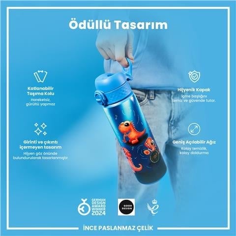 ION8 - Paslanmaz Çelik İnce Suluk - Şarkıcı Dinozor - 600 Ml - Sızdırmaz