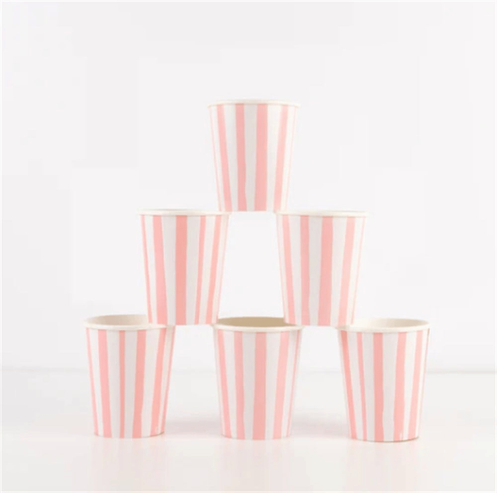 Meri Meri - Pink Stripe Cups - Pembe Çizgili Bardaklar - 8Li
