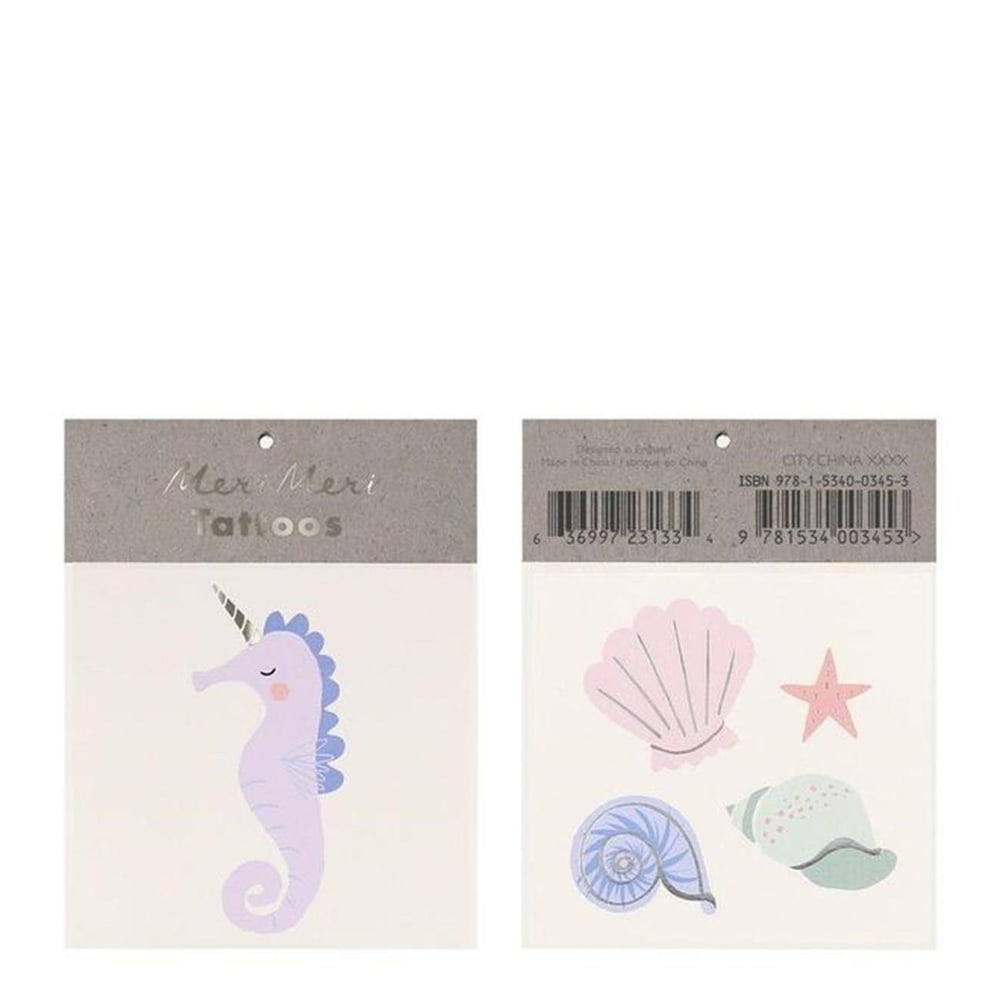 Meri Meri - Seahorse & Shell Tattoos - Denizatı ve Deniz Kabuğu Geçici Dövme - S